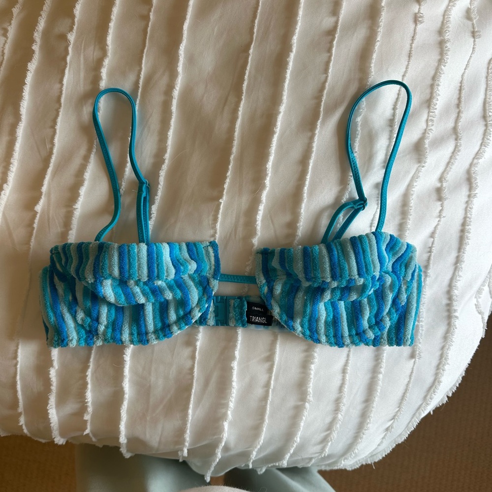 blue triangl striped bikini with bag